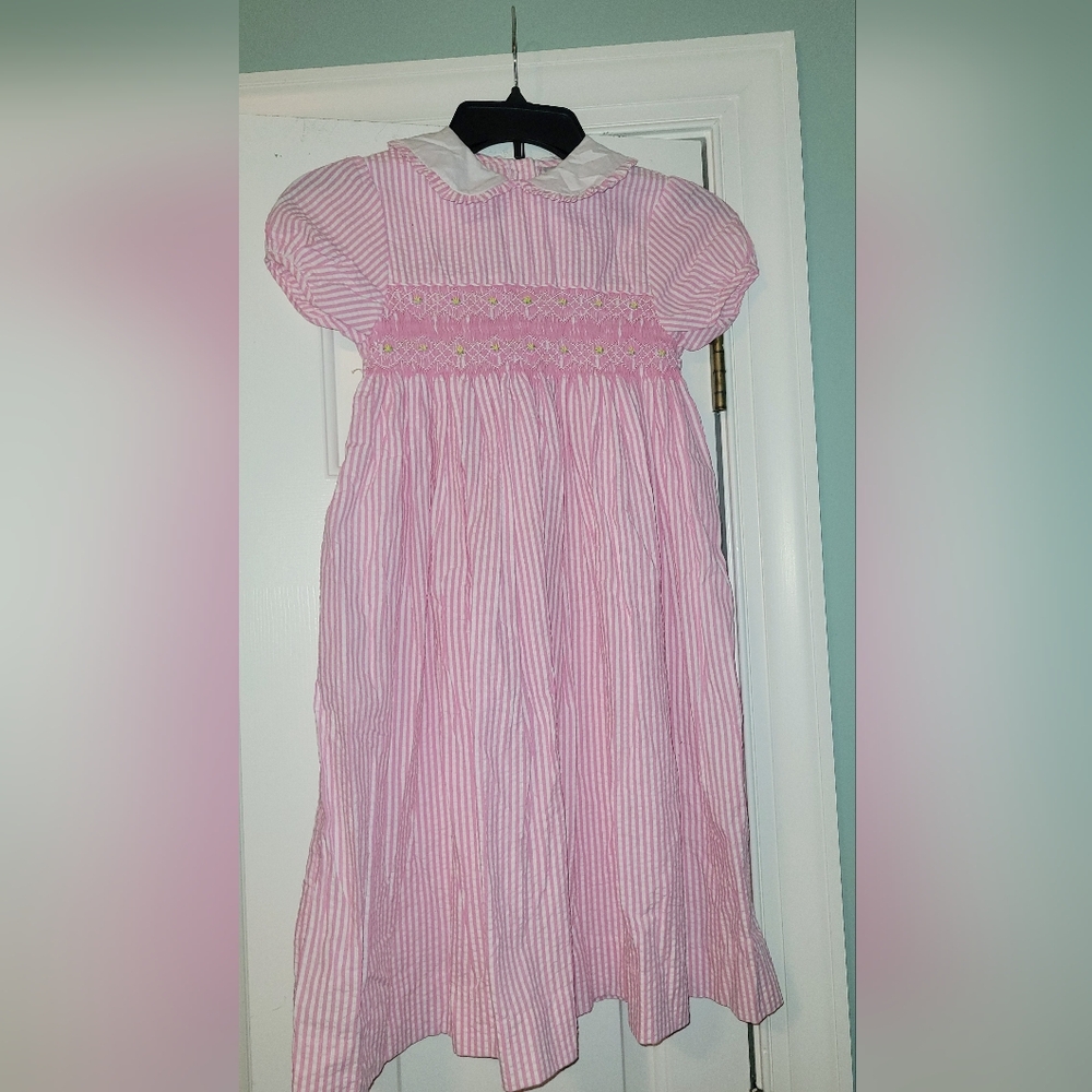 Rare Editions Pink and White Smocked Striped Dress With Peter Pan Collar